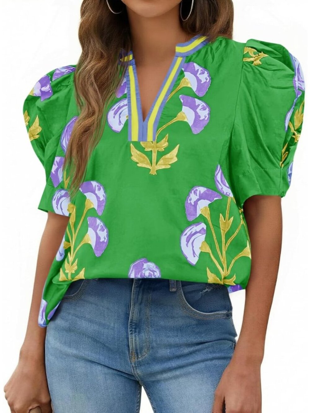 Women's Blouses Tender Green V Neck Color Block Tops Loose Fit Boho Floral